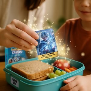 School lunchbox packed with food and a Pebbl & Ink™ Lunchbox Card tucked inside for a midday boost.