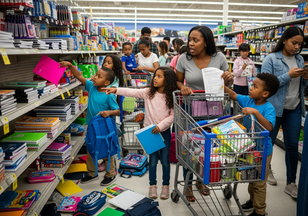 Crowded back-to-school shopping aisle with parents and kids picking notebooks, backpacks, and school supplies during the first week of school.