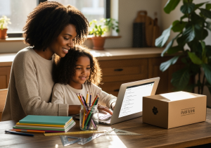 parent and child using Pebbl & Ink to customize a school supply box at home