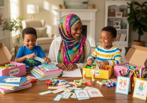 Behind the scenes at Pebbl & Ink – mom entrepreneur labeling school supply kits.
