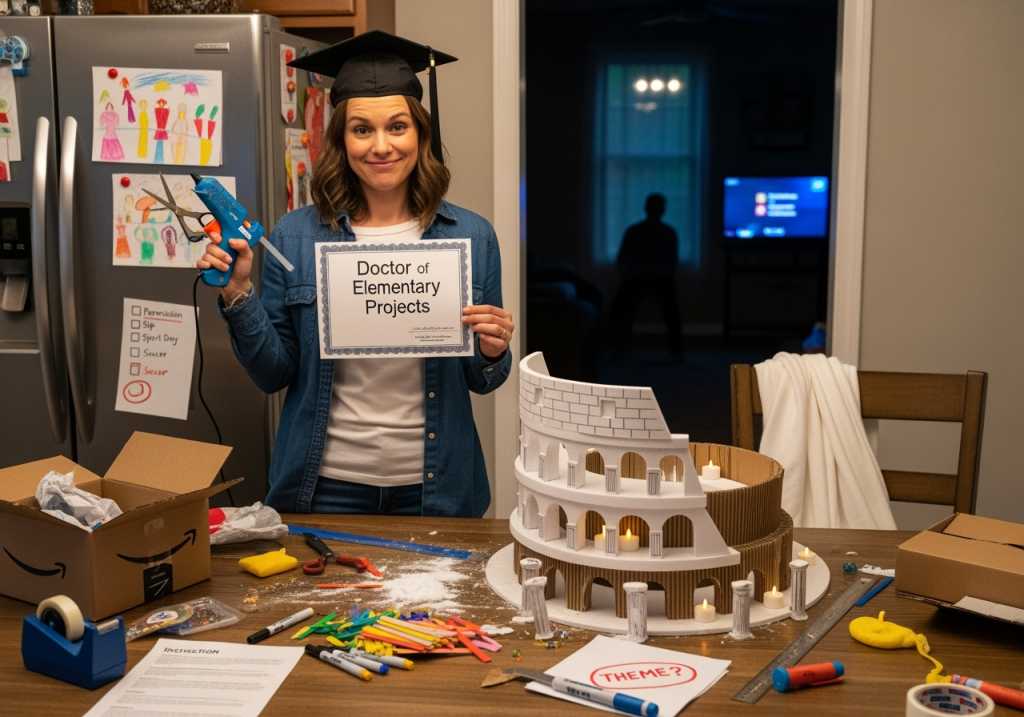 Funny illustration of the Roman Coliseum built from school supplies like foam boards, glue sticks, and toy soldiers, representing impossible elementary school projects parents end up doing.