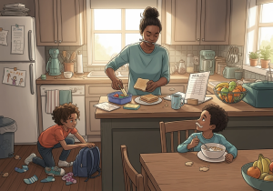 A cozy breakfast table with a coffee mug, toast, crayons, a child’s red sneakers, and an open lunchbox holding an apple and a smiley note, symbolizing the messy but loving reality of parenting.