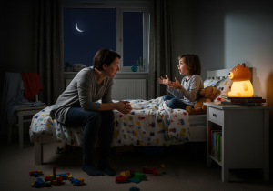 A mother sits on the edge of her child’s bed at night, listening as the child animatedly talks under the glow of a night-light, with toys scattered on the floor and a crescent moon visible outside the window.